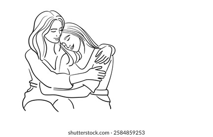 Two girls hugging, continuous line drawing. Support, empathy, friendship. Vector illustration isolated on white background