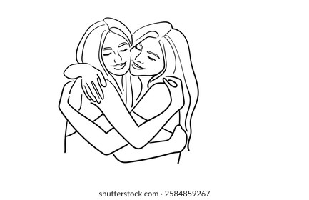 Two girls hugging, continuous line drawing. Support, empathy, friendship. Vector illustration isolated on white background