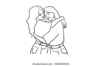 Two girls hugging, continuous line drawing. Support, empathy, friendship. Vector illustration isolated on white background