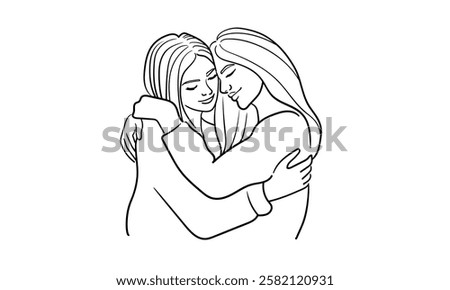 Two girls hugging, continuous line drawing. Support, empathy, friendship. Vector illustration isolated on white background
