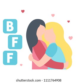 Two girls hugging each other. Friendship concept. Blond and brunette women together. Isolated vector image