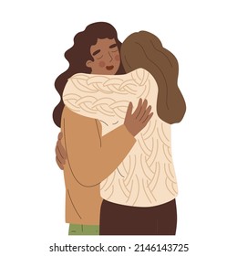 Two girls are hugging. Hugs, love, relationship. A couple of lovers. Warm relations between people. Treatment for your neighbor. Vector illustration in flat style. Isolated elements.