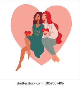 Two girls are hugging. Lgbt love. Valentine's card. Valentine's Day. Love by destiny. Thread of fate. Vector illustration