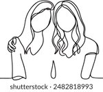 Two girls are hugging line art, friendship day with holding promise hands. Continuous line draw design graphic vector illustration