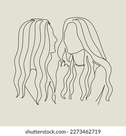 Two girls are hugging line art  Abstract portrait pretty young woman  Friends  sisters  couples  Continuous one  line drawing isolated white  Vector illustration in simple modern style 