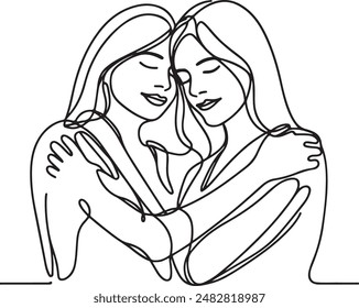 Two girls are hugging line art, friendship day with holding promise hands. Continuous line draw design graphic vector illustration