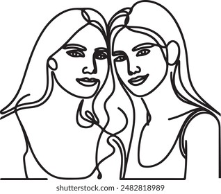 Two girls are hugging line art, friendship day with holding promise hands. Continuous line draw design graphic vector illustration