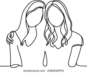 Two girls are hugging line art, friendship day with holding promise hands. Continuous line draw design graphic vector illustration