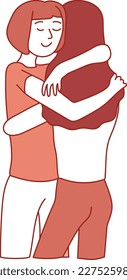 Two girls are hugging. Simple hand drawn line art symbolizes friendship, love and support. Pale orange colors. Isolated on white background