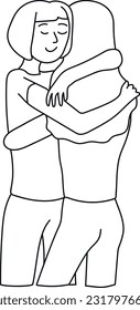 Two girls are hugging. Simple hand drawn line art symbolizes friendship, love and support. Isolated on white background