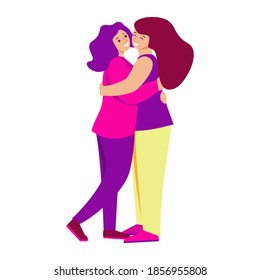 Two girls are hugging. Vector illustration in flat style. Isolated on white.
