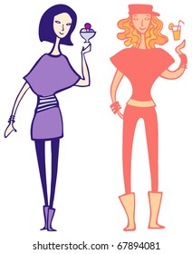 Two girls with ice cream and juice