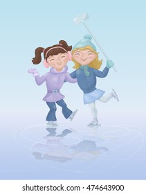 Two girls ice skating and taking selfie. Cute cartoon characters