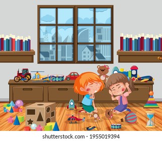 Two girls injured at cheek and arm in the playroom scene illustration