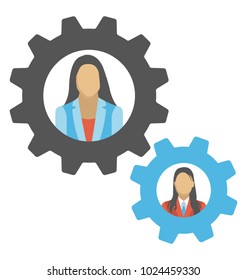 Two girls inside gear or cogwheel, production team concept flat vector icon