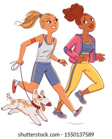 Two girls jogging with a dog. Funny cartoon character. Vector illustration. Isolated on white background