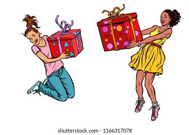 two girls joyful with gifts. Pop art retro vector illustration kitsch vintage drawing