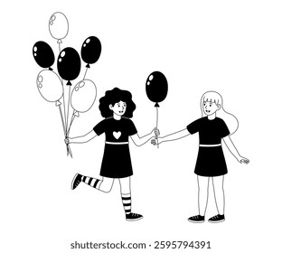 Two girls joyfully playing with balloons at a celebration in a joyful setting