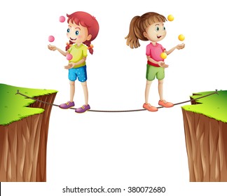 Two girls juggling balls on the rope illustration