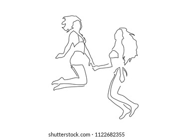 Two girls jumping line drawing, vector illustration design. Holidays collection.