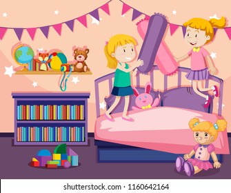 Two girls jumping on bed illustration