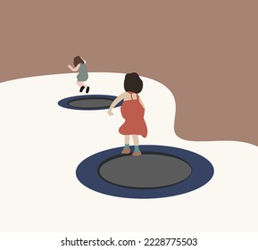 Two girls jumping on trampoline during summer holiday vacation. Fun entertainment and recreation.