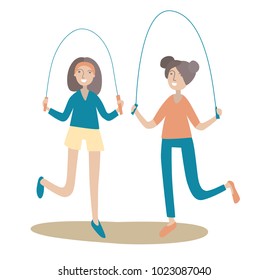 Two girls jumping rope. Healthy lifestyle. Vector illustration, isolated on white background.