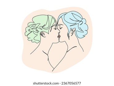 Two girls kiss. One line drawing colored with pastel colors, vector illustration.