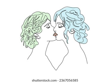 Two girls kiss. One line drawing colored with pastel colors, vector illustration.
