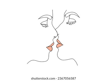 Two girls kiss. One line drawing colored with pastel colors, vector illustration.