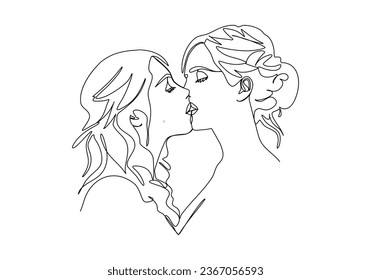 Two girls kiss. One line drawing colored with pastel colors, vector illustration.