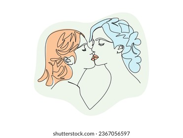 Two girls kiss. One line drawing colored with pastel colors, vector illustration.