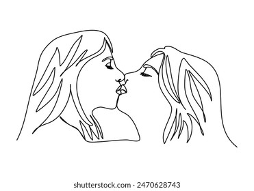 Two girls kiss, one line drawing vector illustration.