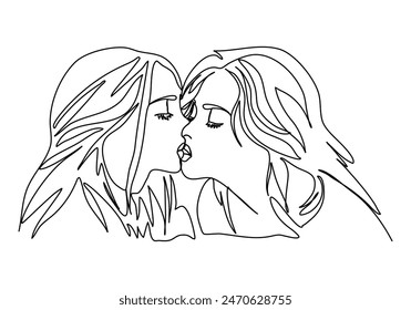 Two girls kiss, one line drawing vector illustration.