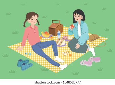 Two girls are laid out on the lawn and have a picnic. hand drawn style vector design illustrations. 