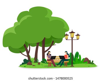 Two girls with laptops are sitting on a bench in a park, working or exchanging media in a cozy park with glasses of coffee. Vector illustration on a white background.