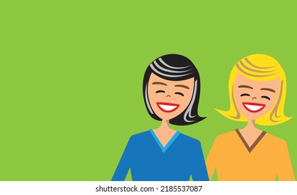 Two girls laughing. Colorful vector with copy space. Concept of friendship, lifestyle, fashion