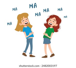 two girls laughing, funny joke concept. vector illustration.