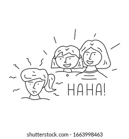 Two girls laughing on another girl. Vector outline illustration on white background about bullying .