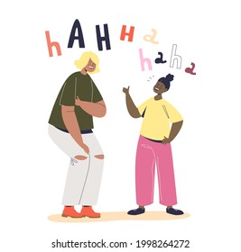 Two girls laughing out loud. Cute cartoon female friends joking tell funny stories have hilarious fun and amusement together happy smiling. Flat vector illustration