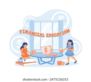 Dos chicas aprenden a manejar sus finanzas personales. Ahorra dinero para el futuro. Concepto de educación financiera. Ilustración vectorial plana.