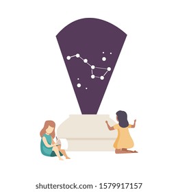 Two Girls Learning Constellation and Putting Down Notes Vector Illustration