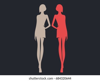 Two girls are light red and light gray symmetrically in the center of isolates on a dark gray background
