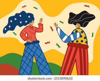 Two girls with long hair in colorful costumes. Holiday, confetti. Fashion, style, communication. Vector illustration