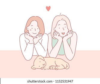 Las dos chicas están mirando al adorable cachorro con una barbilla. ilustraciones de diseño vectorial de estilo dibujado a mano.