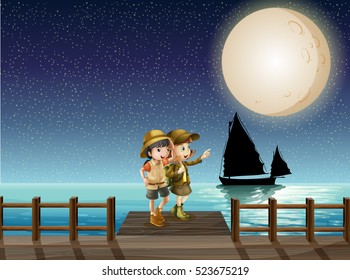 Dos chicas mirando la luna llena en la ilustración del muelle