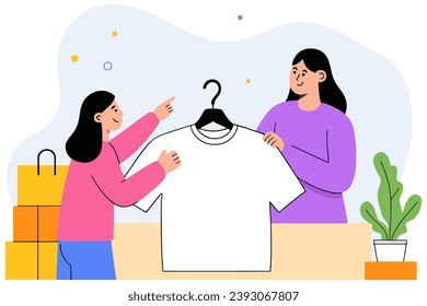Two girls looking at a t-shirt on a hanger in a clothing store, flat vector illustration.