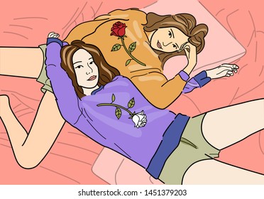Dos niñas mienten y abrazan, ilustraciones vectoriales