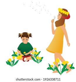 Two girls making flower crowns. One of them blows the seeds off a dandelion.