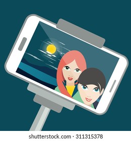 Two Girls Making Night Selfie Photo With Moon Light. Vector Cartoon Illustration.